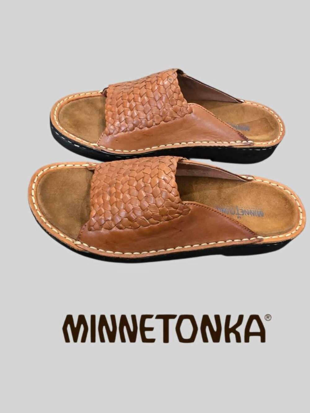 MINNETONKA  Brown Woven Slide Suede Footbed Comfort Sandals  Womens 9
